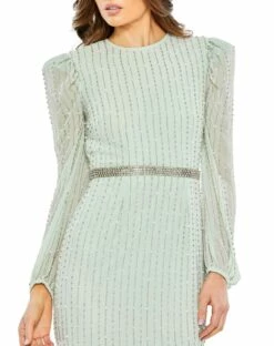 Long Sleeve Puff Sleeve Beaded Midi Dress -Women's Skirt 93622 Mint CL
