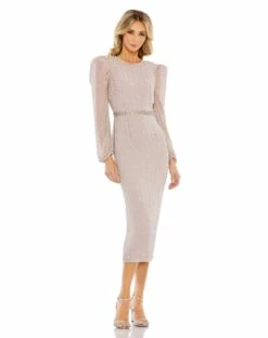 Long Sleeve Puff Sleeve Beaded Midi Dress -Women's Skirt 93622 VintageLilac AB