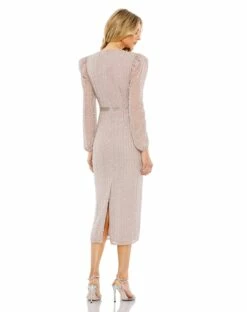 Long Sleeve Puff Sleeve Beaded Midi Dress -Women's Skirt 93622 VintageLilac BK