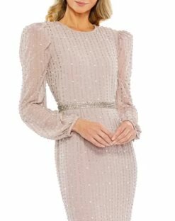 Long Sleeve Puff Sleeve Beaded Midi Dress -Women's Skirt 93622 VintageLilac CL