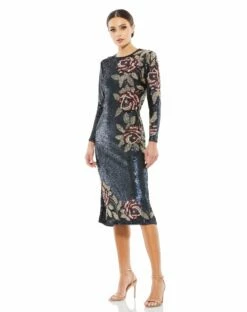Sequined Asymmetrical Floral Long Sleeve Midi Dress 13 Sequined Asymmetrical Floral Long Sleeve Midi Dress -Women's Skirt 93624 MID 1 WS