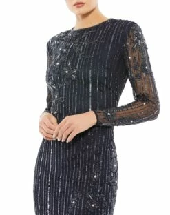 Embellished High Neck Illusion Long Sleeve Gown -Women's Skirt 93626 Midnight CL