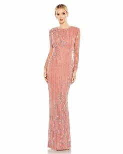 Embellished High Neck Illusion Long Sleeve Gown -Women's Skirt 93626 Rose AB