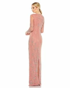 Embellished High Neck Illusion Long Sleeve Gown -Women's Skirt 93626 Rose BK