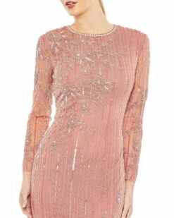 Embellished High Neck Illusion Long Sleeve Gown -Women's Skirt 93626 Rose CL