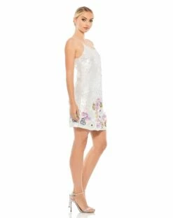Sequined Mixed Media Floral Embellished Mini Dress -Women's Skirt 93628 White AS