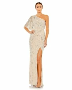 Embellished One Shoulder Draped Gown