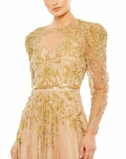 Beaded Illusion Puff Sleeve Gown -Women's Skirt 93638 NudeGold CL