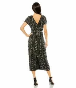 Beaded Cap Sleeve Column Midi Dress -Women's Skirt 93649 Black BK