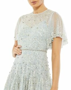 Cape Sleeve Beaded Tea Length A-line Dress 10 Cape Sleeve Beaded Tea Length A-line Dress -Women's Skirt 93655 PowderBlue CL