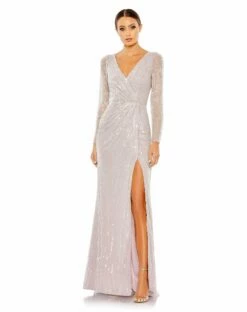 Sequined Faux Wrap Long Sleeve Gown 11 Sequined Faux Wrap Long Sleeve Gown -Women's Skirt 93660 Lavender AB