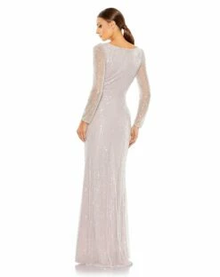 Sequined Faux Wrap Long Sleeve Gown 12 Sequined Faux Wrap Long Sleeve Gown -Women's Skirt 93660 Lavender BK