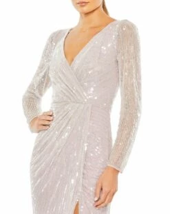 Sequined Faux Wrap Long Sleeve Gown 13 Sequined Faux Wrap Long Sleeve Gown -Women's Skirt 93660 Lavender CL
