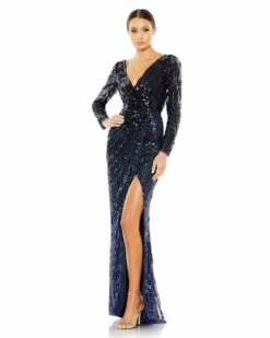 Sequined Faux Wrap Long Sleeve Gown