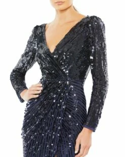 Sequined Faux Wrap Long Sleeve Gown 10 Sequined Faux Wrap Long Sleeve Gown -Women's Skirt 93660 Midnight CL
