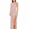 Sequined Flutter Sleeve One Shoulder Draped Gown -Women's Skirt 93662 Mauve AB