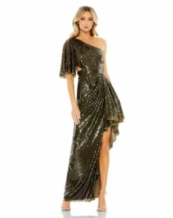 Sequined Flutter Sleeve One Shoulder Draped Gown 11 Sequined Flutter Sleeve One Shoulder Draped Gown -Women's Skirt 93662 Olive AB