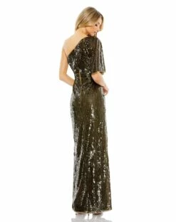 Sequined Flutter Sleeve One Shoulder Draped Gown 12 Sequined Flutter Sleeve One Shoulder Draped Gown -Women's Skirt 93662 Olive BK