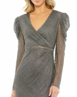 Beaded Wrap Over Puff Sleeve Dress -Women's Skirt 93674 Charcoal CL
