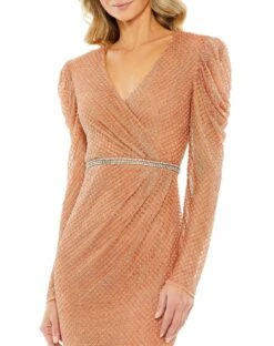 Beaded Wrap Over Puff Sleeve Dress -Women's Skirt 93674 Copper CL