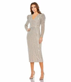 Beaded Lace Long Sleeve Mini Dress -Women's Skirt 93676 Taupe AB