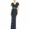 Beaded Butterfly Sleeve Column Gown -Women's Skirt 93678 Midnight AB 1
