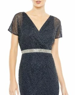 Beaded Butterfly Sleeve Column Gown -Women's Skirt 93678 Midnight CL 2