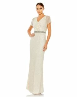 Beaded Butterfly Sleeve Column Gown -Women's Skirt 93678 NudeSilver AB