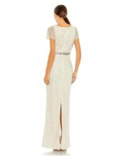 Beaded Butterfly Sleeve Column Gown -Women's Skirt 93678 NudeSilver BK 1