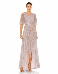 Sequined Butterfly Sleeve High Low Gown -Women's Skirt 93681 VintageLilac AB