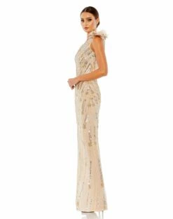Embellished Floral Detail One Shoulder Gown -Women's Skirt 93739 NudeGold AS