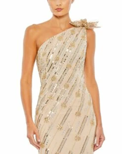 Embellished Floral Detail One Shoulder Gown -Women's Skirt 93739 NudeGold CL