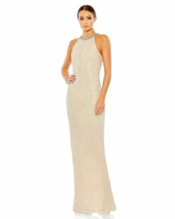 Beaded Sleeveless High Neck Column Gown
