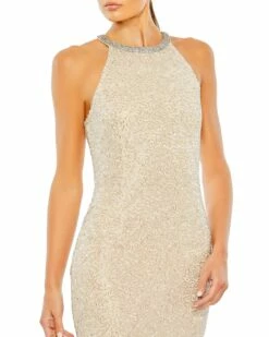 Beaded Sleeveless High Neck Column Gown 13 Beaded Sleeveless High Neck Column Gown -Women's Skirt 93742 NudeSilver CL