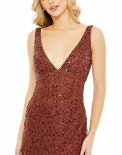 Sequined, Sleeveless, V-neck, Back Slit Gown 7 Sequined, Sleeveless, V-neck, Back Slit Gown -Women's Skirt 93757 Brick CL