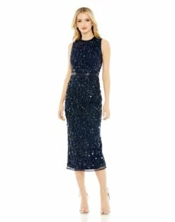 Sequined, High Neck, Sleeveless Sheath Midi Dress -Women's Skirt 93767 Midnight AB