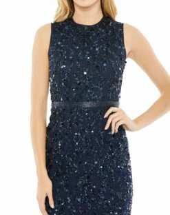 Sequined, High Neck, Sleeveless Sheath Midi Dress -Women's Skirt 93767 Midnight CL