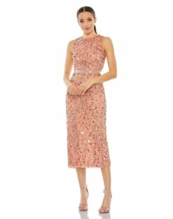 Sequined, High Neck, Sleeveless Sheath Midi Dress -Women's Skirt 93767 Sunset AB