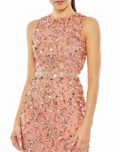 Sequined, High Neck, Sleeveless Sheath Midi Dress -Women's Skirt 93767 Sunset CL