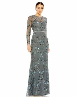 Floral Embellished Long Sleeve Gown