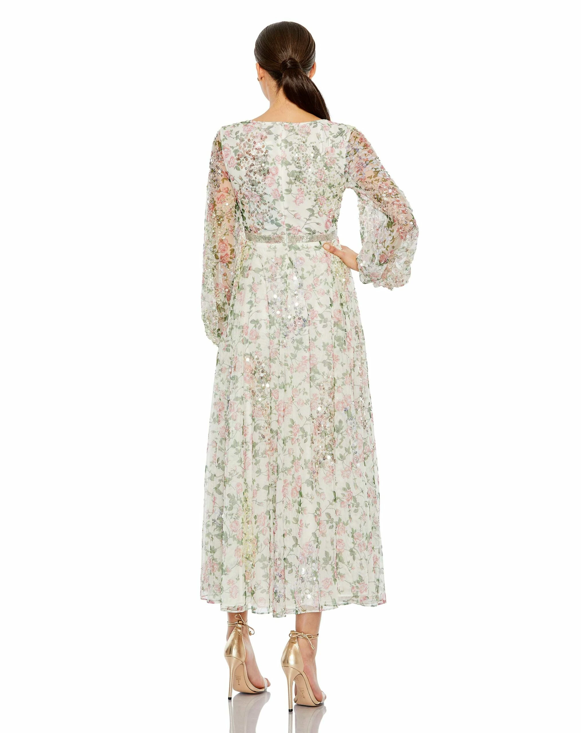 Embellished Floral Print Faux Wrap A Line Dress 4 Embellished Floral Print Faux Wrap A Line Dress - Image 2