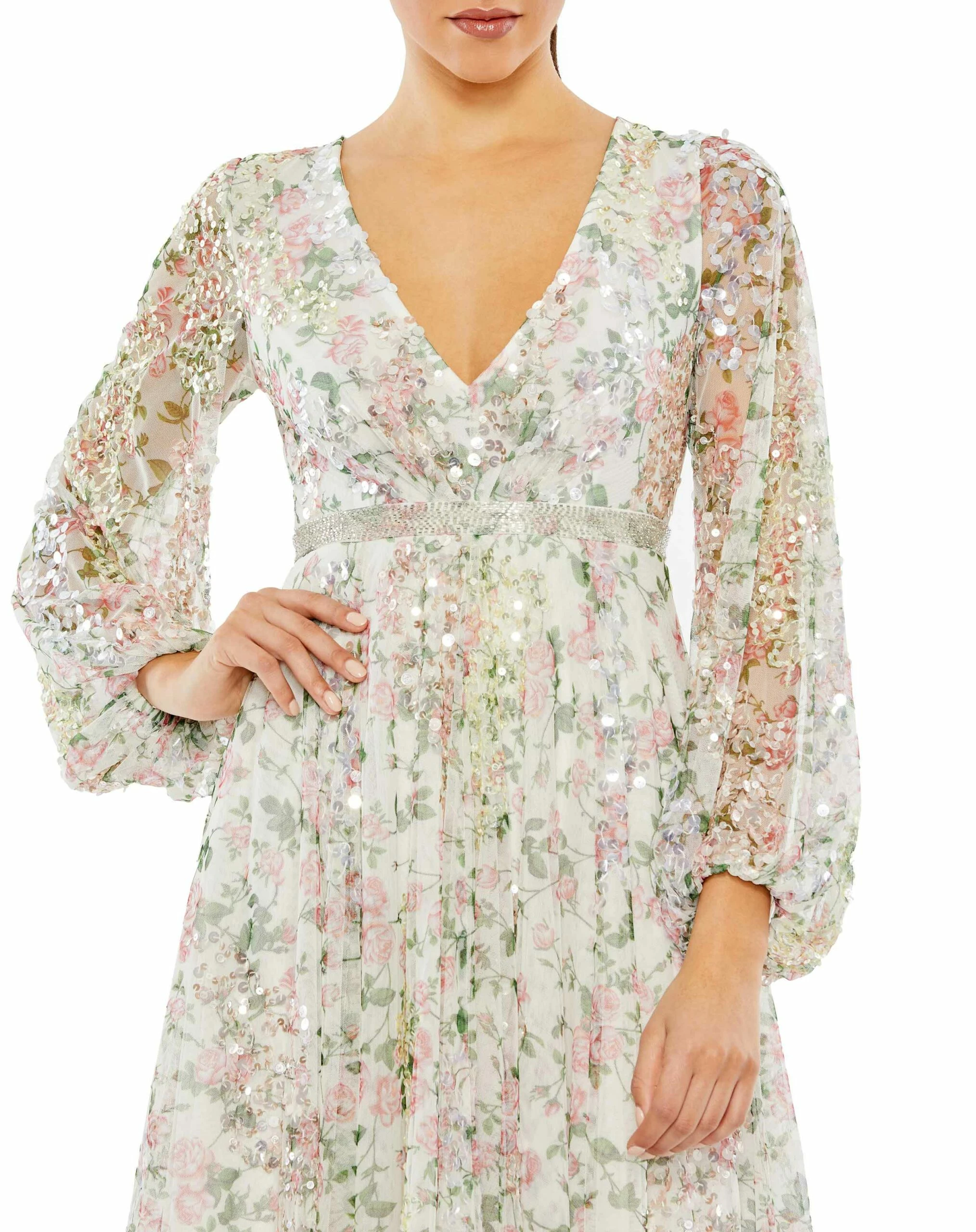Embellished Floral Print Faux Wrap A Line Dress 5 Embellished Floral Print Faux Wrap A Line Dress - Image 3