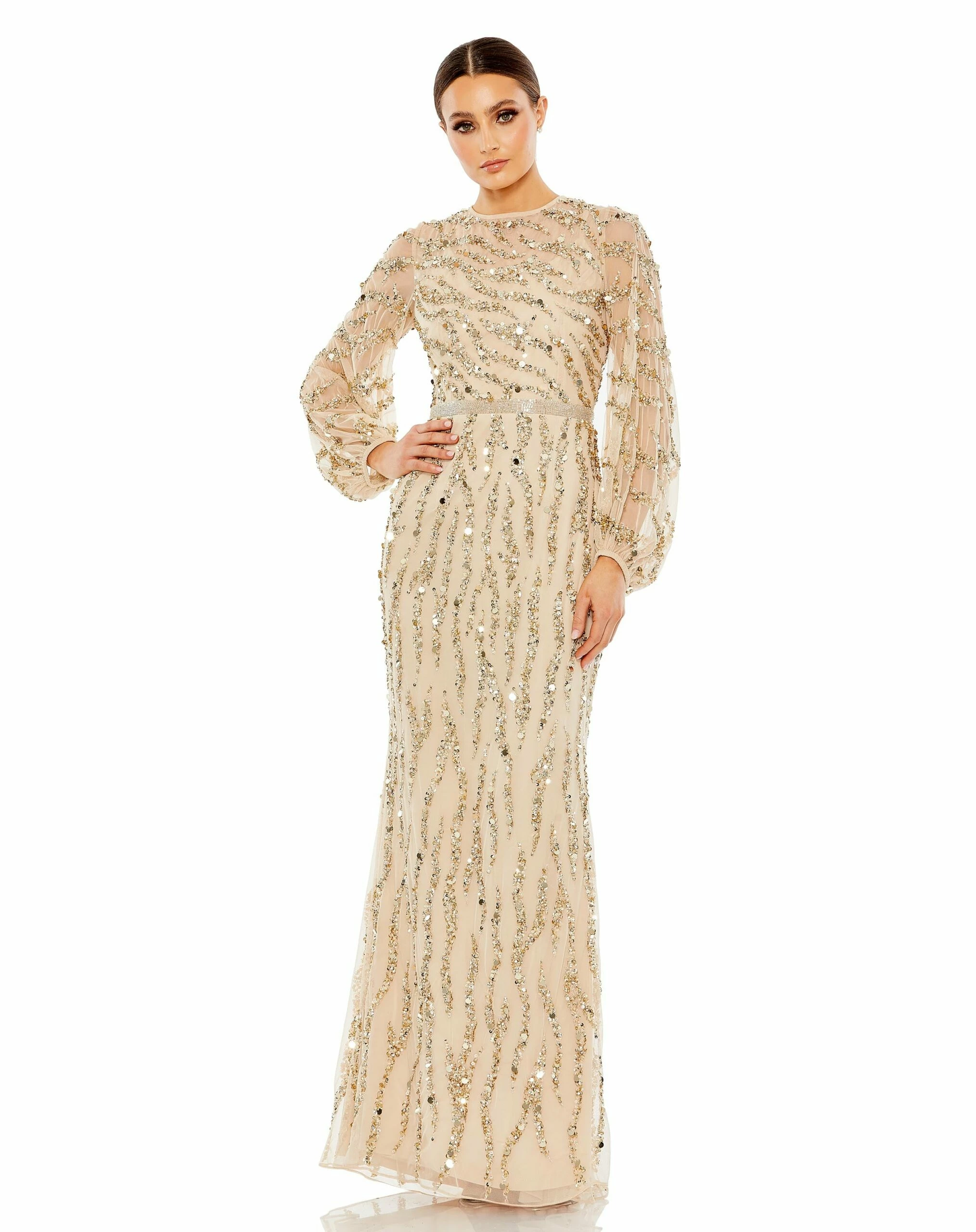 Embellished High Neck Puff Sleeve Trumpet Gown 3 Embellished High Neck Puff Sleeve Trumpet Gown