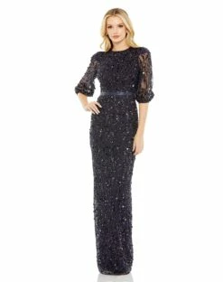 Sequined Elbow Sleeve Gown
