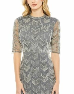 Beaded Fringe Quarter Sleeve Column Gown -Women's Skirt 93804 Charcoal CL