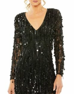 Long Sleeve Beaded Fringe Plunge Neck Dress -Women's Skirt 93850 Black CL