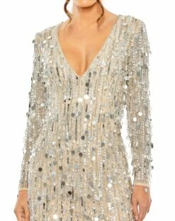 Long Sleeve Beaded Fringe Plunge Neck Dress -Women's Skirt 93850 NudeSilver CL