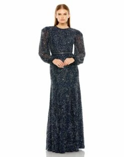Sheer Long Sleeve Beaded Gown