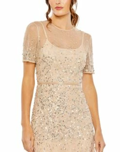 High Neck Short Sleeve Sequin Embellished Gown -Women's Skirt 93909 NudeSilver CL