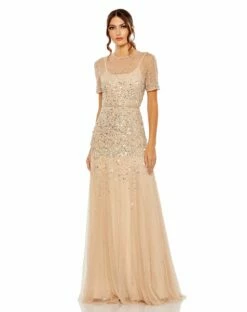 High Neck Short Sleeve Sequin Embellished Gown -Women's Skirt 93909 NUS Default 1 WS
